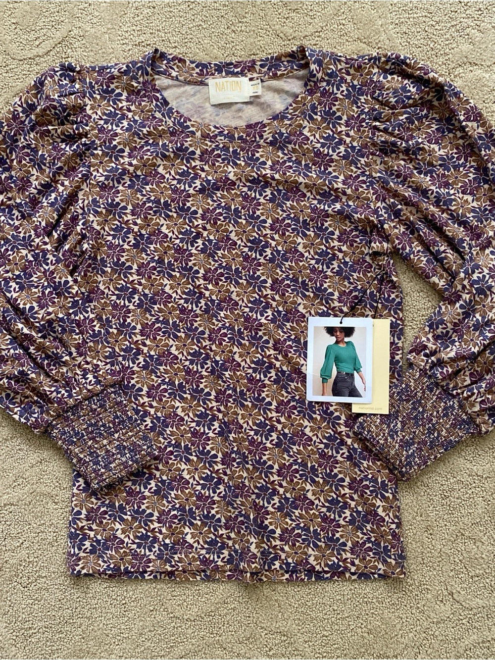 NWT Nation LTD Floral Loren Retro Smocked Peasant Tee Blouse Size XS Cotton